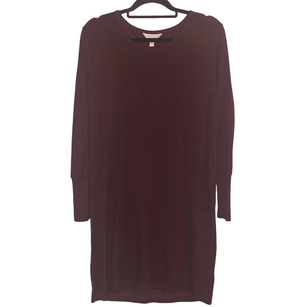 Athleta Burgundy Long Sleeve Crew Neck Shirt Dress Back Cutout Size Medium Modal